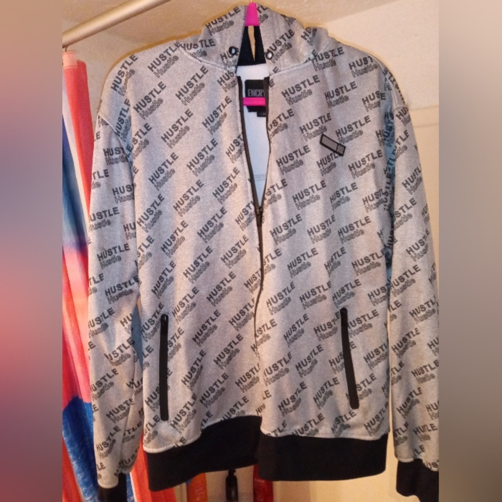 Men's grey Encrypted zip up hoodie.